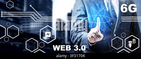 Professional in a suit interacts with a glowing futuristic interface featuring 6G, Web 3.0, and AI icons over a city background, representing digital Stock Photo