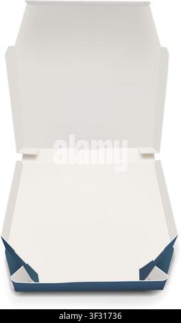 Photorealistic white and blue opened paper cardboard pizza box mockup isolated on transparent background. Food delivery degradable package. Vector PNG Stock Vector