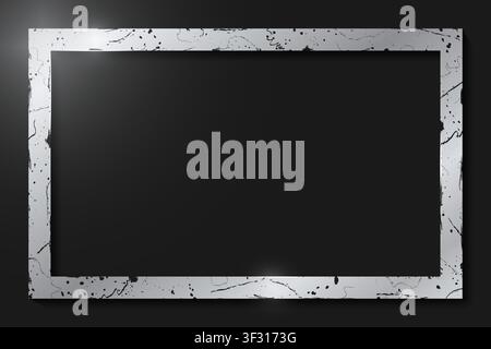 Silver shiny glowing vintage aged frame with shadows isolated on black background. Golden luxury realistic rectangle border. Old golden luxury photo f Stock Vector
