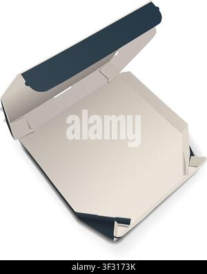 Photorealistic ivory and blue opened paper cardboard pizza box mockup isolated on transparent background. Food delivery degradable package. Vector PNG Stock Vector
