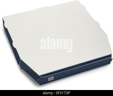 Photorealistic white and blue closed paper cardboard pizza box mockup isolated on transparent background. Food delivery degradable package. Vector PNG Stock Vector