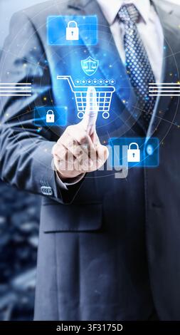 A businessman interacting with a virtual interface showing a shopping cart, padlocks, and legal shield, representing secure e-commerce and digital con Stock Photo