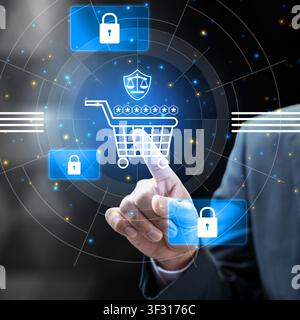 A businessman's hand interacting with a digital interface featuring a secure shopping cart, padlocks, and legal icons, representing consumer protectio Stock Photo