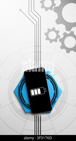 Digital illustration of a smartphone with a battery icon charging, positioned on a blue hexagonal platform against a futuristic background with gears Stock Photo