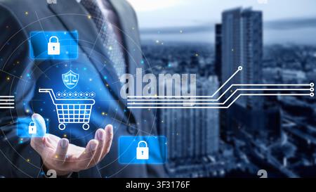 A businessman in a suit holds a digital projection of a shopping cart, security locks, and legal shield icons against a blurred urban city backdrop Stock Photo