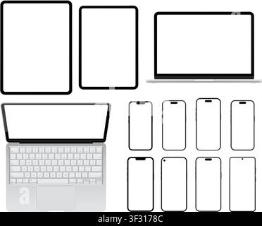 Photorealistic mobile device empty screen collection mockup: smartphones, laptop, tablet pc. Front view isolated on transparent background. Vector PNG Stock Vector