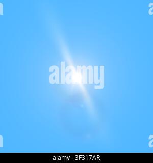 Realistic sun with reflections. Sunbeam with chromatic aberrations, lens flare, starburst, halo, backlight isolated on blu sky background. Vector illu Stock Vector