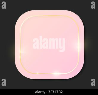 Gold shiny square glowing vintage frame on pink plate isolated on grey background. Golden luxury realistic border. Wedding, mothers or Valentines day Stock Vector