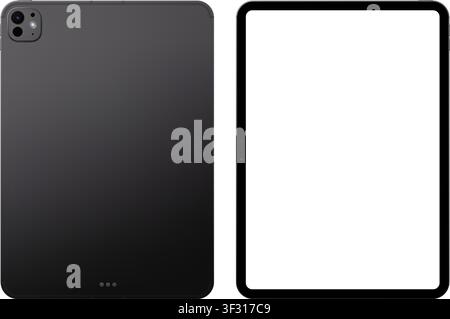 Photorealistic detailed modern black tablet mockup. Front and rear view isolated on transparent background. Vector PNG Stock Vector