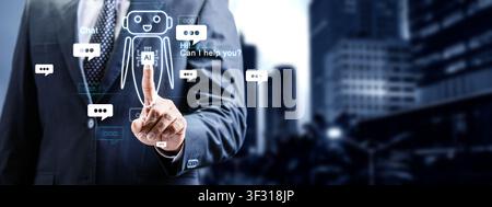 Businessman in a suit touches a holographic AI chatbot interface with speech bubbles and a robot icon against a blurred city background, representing Stock Photo