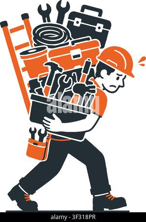 Construction Worker Carrying Heavy Toolbox Equipment Flat Character Illustration Stock Vector