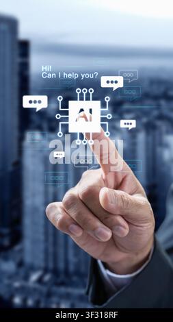 A hand interacting with a glowing AI icon and digital chat bubbles with the text Hi! Can I help you? against a blurred urban background representing v Stock Photo