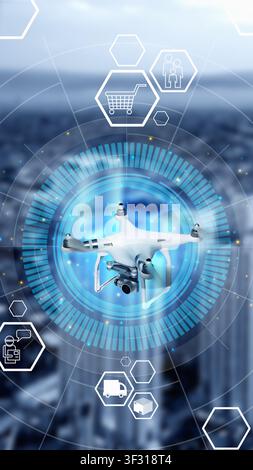 A white delivery drone with a camera flies against a blurred cityscape, surrounded by a digital interface and icons representing logistics, e-commerce Stock Photo