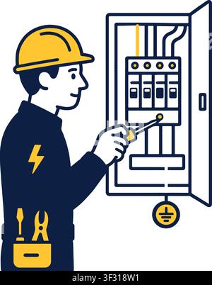Electrician Working on Electrical Control Panel Industrial Safety Illustration Stock Vector