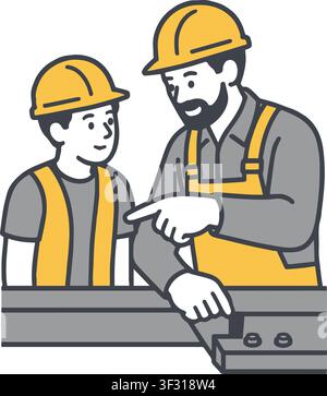 Construction Workers Discussing Building Project Safety Teamwork Flat Illustration Stock Vector