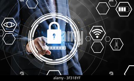 A businessman's hand touches a glowing digital interface with a lock icon and password asterisks, representing advanced cybersecurity, data protection Stock Photo