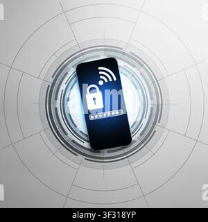 Smartphone with security padlock, password field, and Wi-Fi icon on screen, set against a digital background. Represents mobile data protection and cy Stock Photo