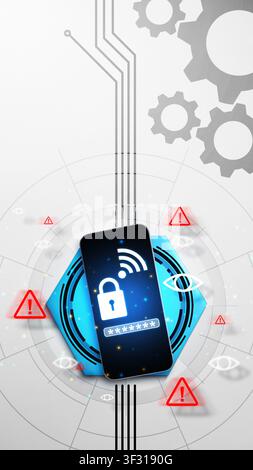 A smartphone with a padlock and password screen, surrounded by security warning icons, eyes, and gears, illustrating cybersecurity risks and digital p Stock Photo