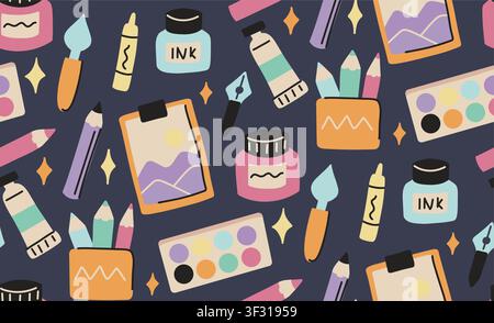 Vector seamless pattern with art supplies. Texture with creative objects on dark background. Artist backdrop for fabrics and wrapping paper. Stock Vector