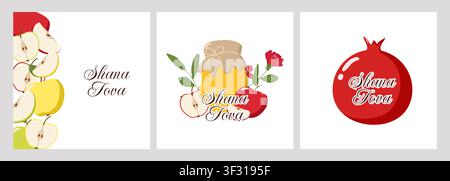Three Shana Tova greeting panels with apples, honey jar, pomegranate, flowers, and leaves Stock Vector