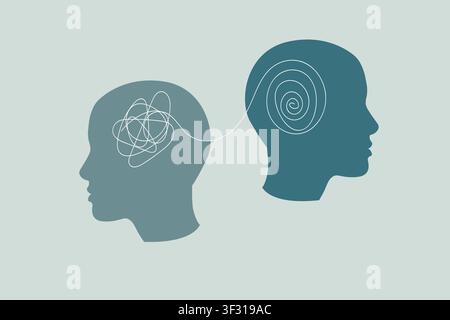 Two human head silhouettes illustrating the psychological process of unraveling tangled thoughts into a clear spiral, representing therapy, counseling Stock Photo