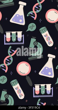 Vector seamless pattern DNA research. Texture of genetic research and exploration. Science background with laboratory equipment, microscope, magnifyin Stock Vector