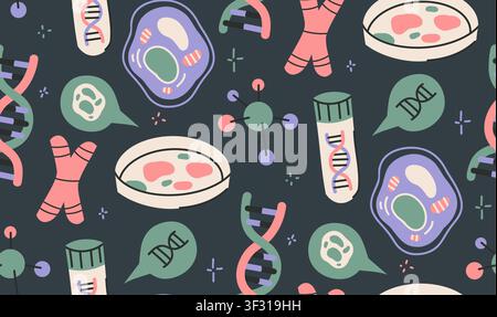 Vector seamless pattern with DNA and molecules in a naive flat style on dark background. Scientific texture for wrapping paper and wallpaper. Genetic Stock Vector
