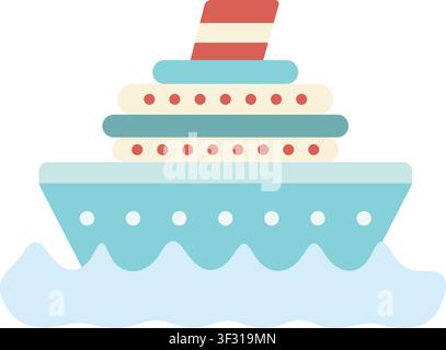 Soft colored illustration of a multi tier celebration cake placed above a stylized ocean wave base with simple decorative details Stock Vector