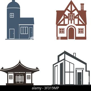 A flat illustration set featuring varied residential and cultural building designs. Stock Vector