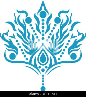 Symmetrical decorative floral motif in blue with curling leaves petal forms and elegant ornamental detailing Stock Vector