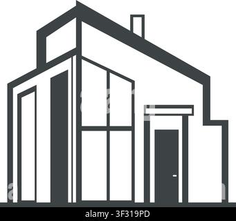 Minimal line illustration of a contemporary gray house with angular roof shapes tall windows and a clean modern facade Stock Vector