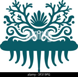 Ornamental underwater inspired design featuring seaweed coral shapes and flowing decorative curves in a teal tone Stock Vector