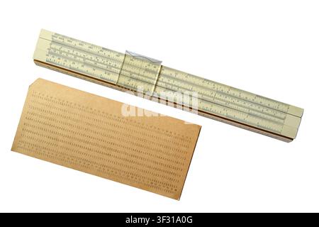 Vintage slide rule and punched card isolated on white background Stock Photo