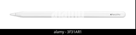 Photorealistic detailed Apple Apple Pencil Pro mockup. Real dimentions. Front stylus view isolated on white background. Vector editorial illustration Stock Vector