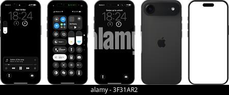 Photorealistic detailed Apple Iphone Air Space Black basic IU mockup isolated. iOS 26, liquid grass 2026 full template design. Vector editorial illust Stock Vector