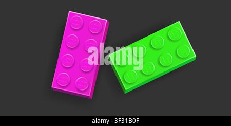 Realistic pink and green Lego plastik constructor parts 4x2 isolated on dark grey background. Vector editorial illustration Stock Vector