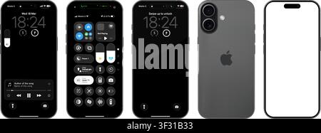 Photorealistic detailed Apple Iphone 17 Black basic IU mockup isolated. iOS 26, liquid grass 2026 full template design. Vector editorial illustration Stock Vector