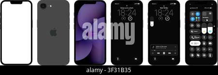 Photorealistic detailed Apple Iphone 17e Black basic IU mockup isolated. iOS 26, liquid grass 2026 full template design. Vector editorial illustration Stock Vector