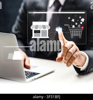 A businessman interacts with a digital shopping interface featuring a virtual storefront, shopping cart, and delivery icon, illustrating modern e-comm Stock Photo