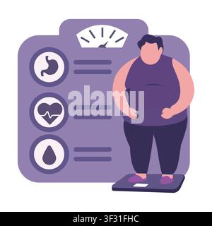 Flat vector illustration of an overweight man standing on a scale with health icons representing metabolism, heart health, and blood sugar risks. Stock Vector