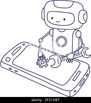 Robot Repairing Smartphone Screen Line Art. Friendly Cyborg Assistant Fixing Mobile Phone with Wrench. Vector Illustration for App Development, Tech S Stock Vector