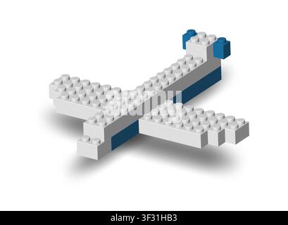 White and blue airplane made by realistic plastik constructor parts isolated on white background. Fly travel concept. 3D rendered vector illustration Stock Photo