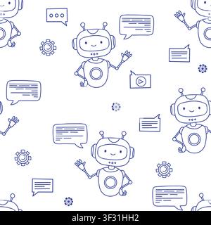 AI Chatbot Seamless Pattern on White Background. Cute Robot with Speech Bubble Line Art Repeated Template. Vector Illustration for No-Code Website, Te Stock Vector