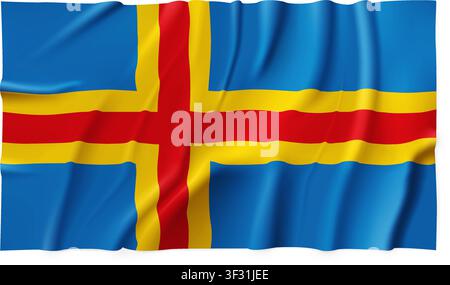 Realistic Aland Islands country flag isolated on a transparent background. Silk atlas detailed fabric flag. Vector PNG Stock Vector