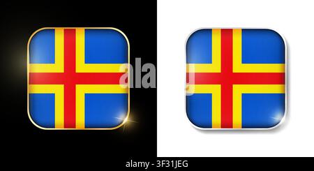 Aland Islands flag shiny golden and silver icons isolated on black and white. Vector 3D square rounded illuminated buttons with shadow. Use for bets, Stock Vector