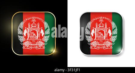 Afghanistan flag shiny golden and silver icons isolated on black and white. Vector 3D square rounded illuminated buttons with shadow. Use for bets, to Stock Vector