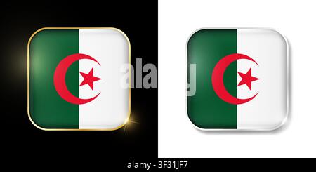 Algeria flag shiny golden and silver icons isolated on black and white. Vector 3D square rounded illuminated buttons with shadow. Use for bets, tourna Stock Vector