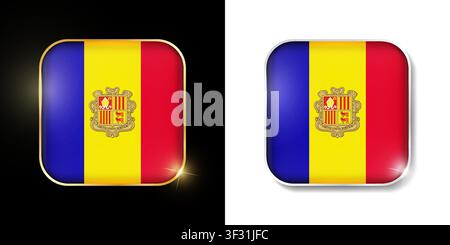 Andorra flag round shiny golen and silver icons isolated on black and white background. Vector 3D square rounded illuminated buttons with shadow. Use Stock Vector