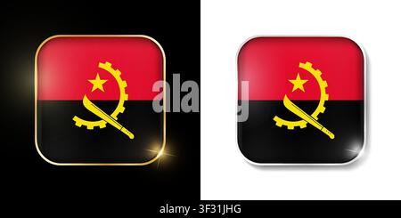 Angola flag shiny golden and silver icons isolated on black and white. Vector 3D square rounded illuminated buttons with shadow. Use for bets, tournam Stock Vector