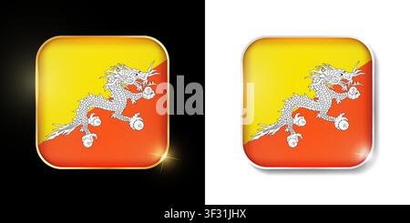 Bhutan flag shiny golden and silver icons isolated on black and white. Vector 3D square rounded illuminated buttons with shadow. Use for bets, tournam Stock Vector